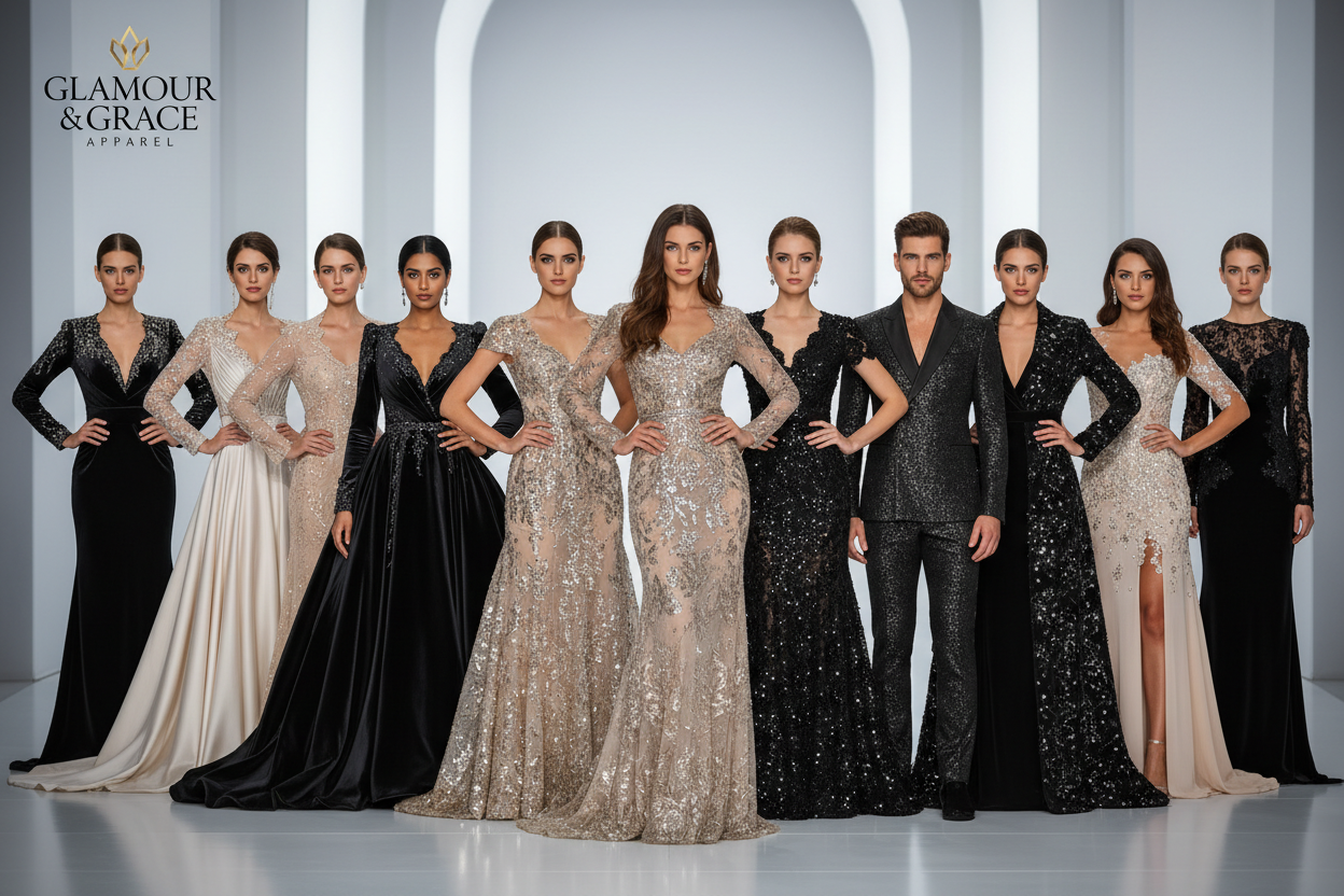 women and men models with glamour and grace apparel logo